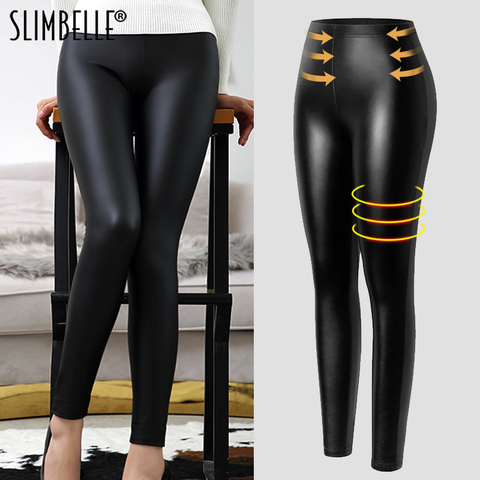 Leggings de cuero sintético para mujer, pantalones de cintura alta, ajustados, de lana, con realce, color negro ► Foto 1/5