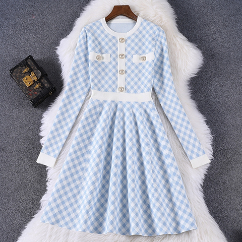 Vestido corto de punto para mujer, ropa abotonada coreana, Vintage, a cuadros, azul y negro, primavera 2022 ► Foto 1/6