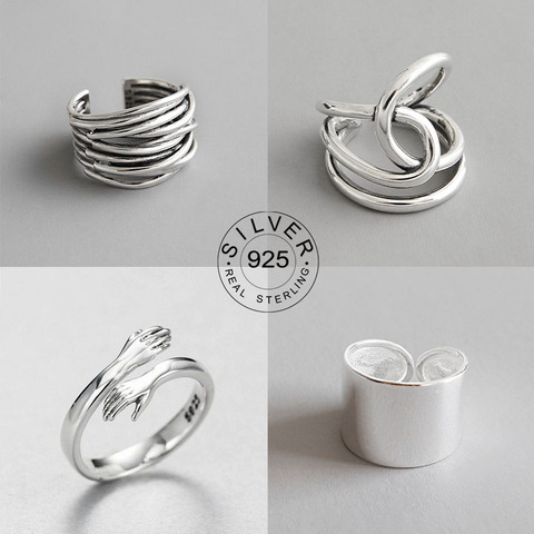 Anillos de dedo de Plata de Ley 925 auténtica para mujer, joyería de líneas vintage delicado de moda, Anillos antiguos ajustables grandes ► Foto 1/6