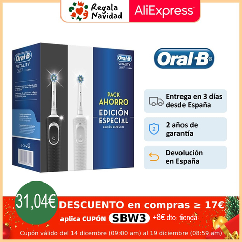 Oral B Vitality D100 CrossAction, Cepillos de dientes Eléctricos Recargables Blanco/Negro, limpieza 2D, cabezal oscila y rota ► Foto 1/6