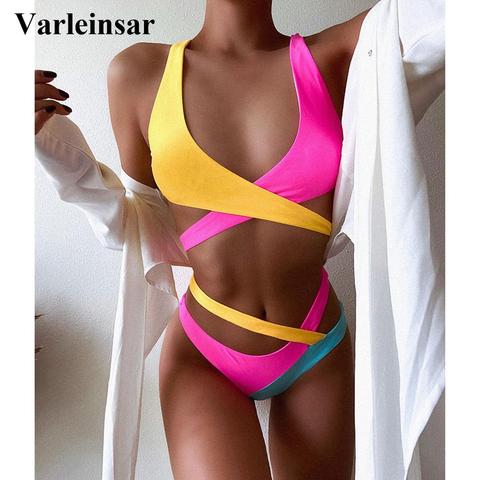 Bikini de empalme colorido para mujer, bañador femenino, conjunto de Bikini de dos piezas, traje de baño asimétrico de cintura media, ropa de baño V2423 ► Foto 1/6