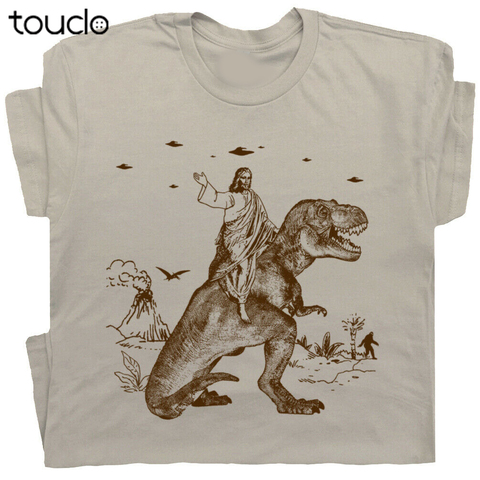 Camiseta de dinosaurio de equitación de Jesús para hombre y mujer, camiseta divertida, Camiseta clásica de diseño ofensivo ► Foto 1/2