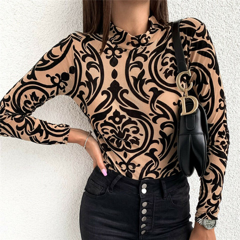 Camiseta con estampado Floral de leopardo para mujer, blusa Sexy de manga larga con cuello alto para discoteca, ropa informal para otoño, camisetas ajustadas de cuello alto ► Foto 1/5