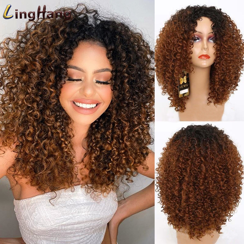 LINGHANG-peluca Afro rizada de 16 pulgadas para mujeres negras, cabello corto sintético con flequillo, peluca mixta de color marrón y Rubio ► Foto 1/6