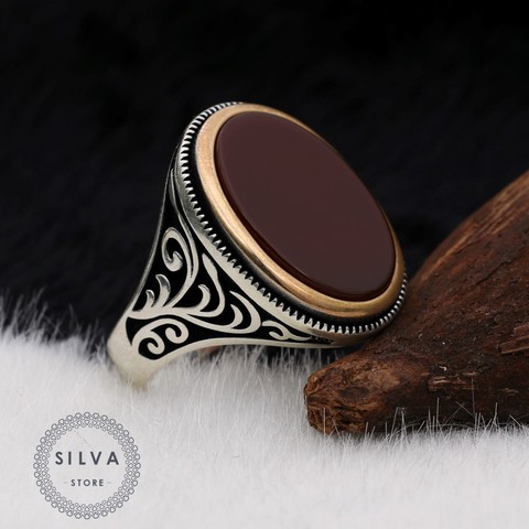 Silva de Plata de Ley 925 anillo de plata para los hombres de Aqeeq piedra S925 de plata regalo de joyería de moda anillos de todos los tamaños ► Foto 1/4