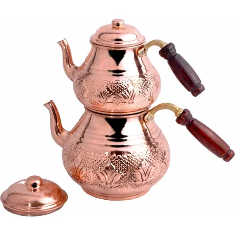 Tetera de cobre turco hecha a mano, juego de té de cocina, hervidor de té y café tradicional, con mango de madera, regalo hecho en Turquía, 4 piezas ► Foto 1/6