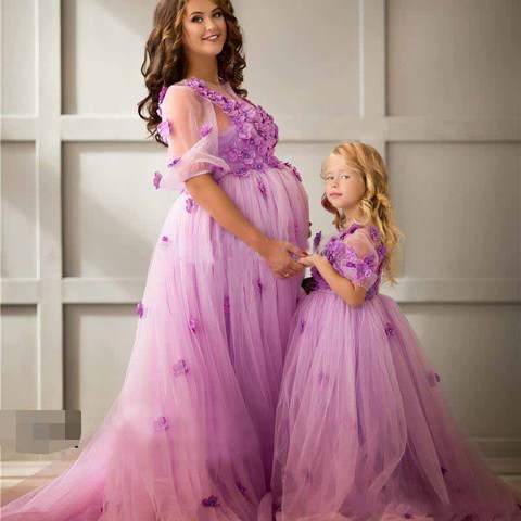 Eghtree-vestido nupcial para embarazadas, vestido de princesa de media manga con apliques de flores 3D, vestido de boda para madre e hija de talla grande ► Foto 1/6