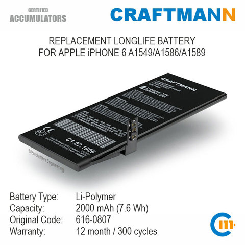 Batería de 2000mAh para APPLE iPHONE 6 A1549/A1586/A1589 (616-0807) ► Foto 1/5