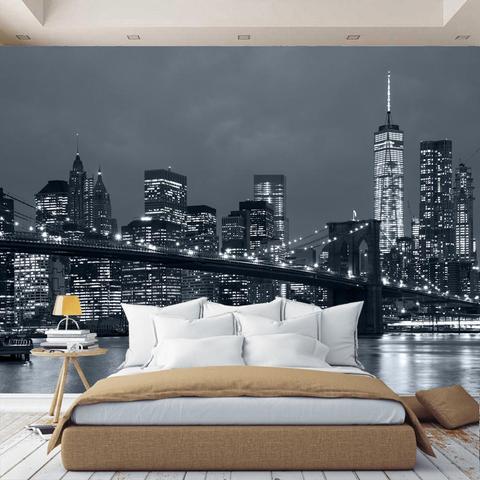 Mural de pared 3D Brooklyn Ciudad de noche Ciudad de Nueva York, papel de pared, para vestíbulo, blanco y negro, papel tapiz expandiendo espacio ► Foto 1/5