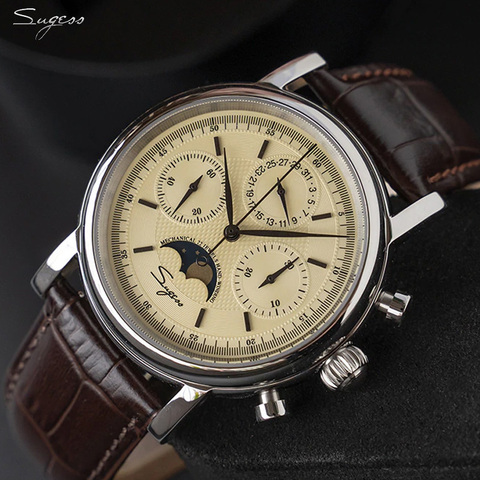 Sugess-Reloj de cuero Vintage ST1908, cronógrafo con movimiento, cuerda manual, mecánico, 59 ruedas, calendario Moonphase genuino ► Foto 1/6