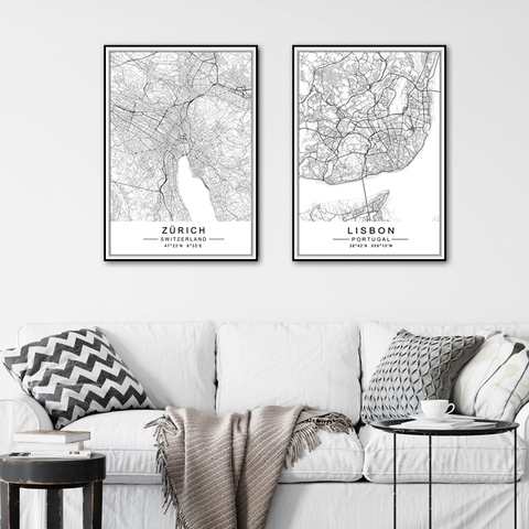 Pintura en lienzo minimalista para decoración del hogar, carteles de imágenes artísticas en blanco y negro con mapa de ciudad de Zúrich para viaje y sala de estar ► Foto 1/6