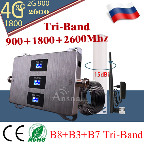 Amplificador de señal de red para teléfono móvil, de tres bandas de 900 repetidor GSM/1800/2600mHZ, 2G, 3G y 4G ► Foto 1/6