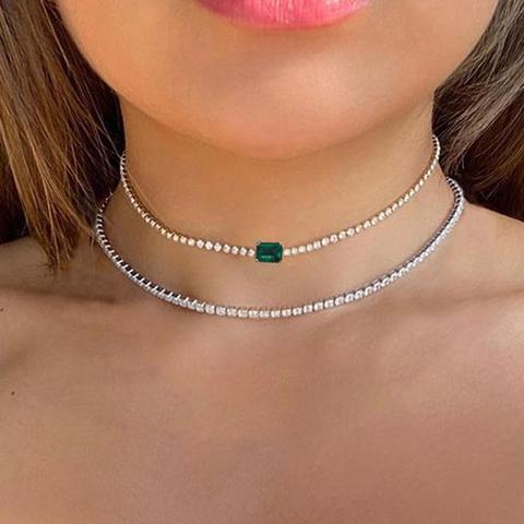 Collar sencillo cuadrado de cristal verde para mujer, cadena de Color plateado para mujer, Gargantilla de tenis con diamantes de imitación, joyería ► Foto 1/6