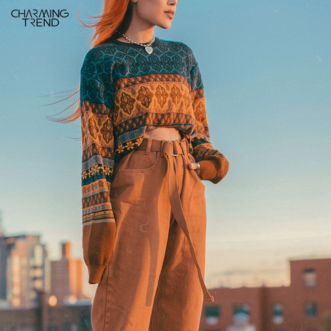 Suéteres de Navidad para mujer, sudaderas con capucha de colores empalme de Retro Chic, Tops cortos de invierno para niñas pequeñas, suéter corto de talla grande de punto para mujer ► Foto 1/6