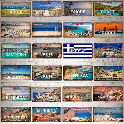 Letrero metálico de 30x15cm para decoración del hogar, cartel de hojalata de Creta Zakynthos, Santorini, isla griega, playa, recuerdo de viaje, tienda de pared, DC-1358B ► Foto 1/6