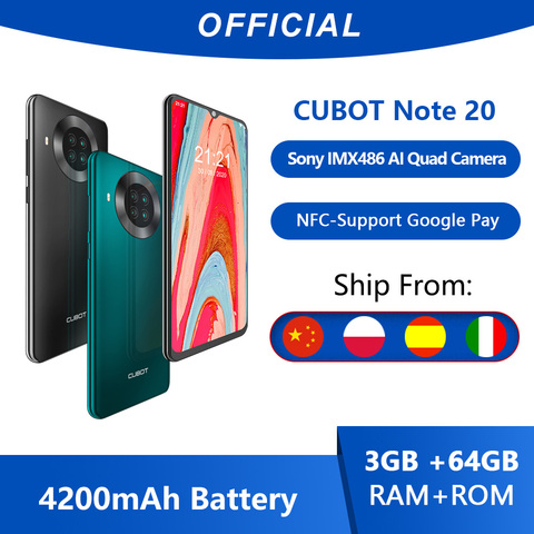 Cubot Note 20 cuádruple cámara trasera Smartphone NFC 3GB + 64GB 6,5 Inch 4200mAh batería Google Android 10 tarjeta SIM Dual teléfono móvil 4G LTE celular OTG celular ► Foto 1/6