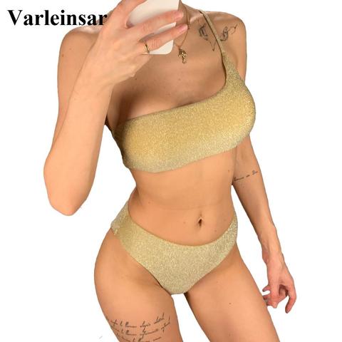 Bikini brillante de cintura alta para mujer, traje de baño femenino de dos piezas, conjunto de Bikini de un hombro, V1264 ► Foto 1/6