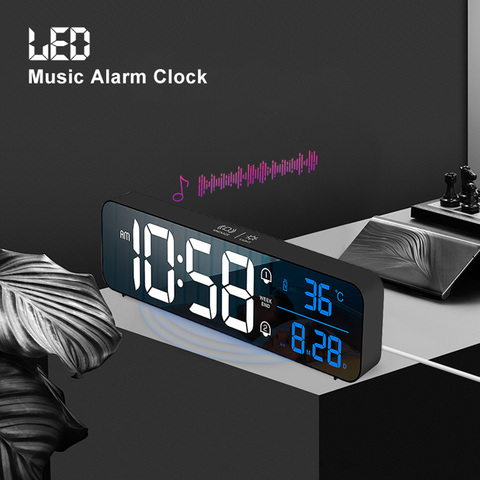 Música alarma Digital LED RELOJ TEMPERATURA indicador de fecha de escritorio espejo Relojes Decoración de la Mesa de reloj electrónico 2000 mAh ► Foto 1/6