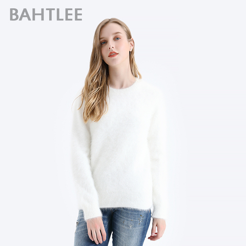 BAHTLEE-suéter de Angora para mujer, Jersey de punto de lana de Color puro, manga larga, cuello redondo, estilo básico ► Foto 1/6