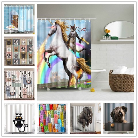 Cortinas de ducha con estampado de unicornio y gato, decoración de baño con ganchos, impermeables, opacas ► Foto 1/6