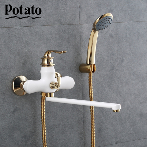 Grifo cromado de patata para baño, salida de agua fría y caliente, mezclador de baño de tubo con cabezal de ducha ABS, 3 colores p22219- ► Foto 1/6