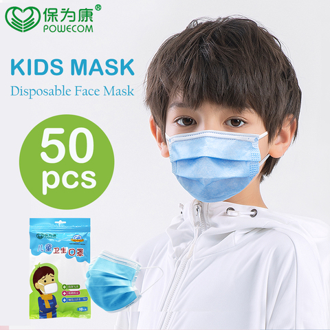 POWECOM-mascarilla desechable para niños, máscara facial Suave y de seguridad, no tejida, 3 capas, 50 Uds. ► Foto 1/6