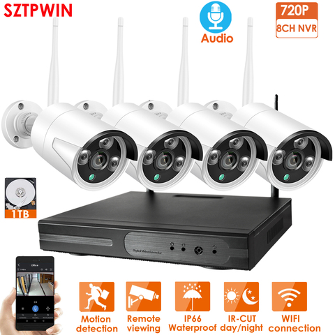 Cámara de visión nocturna inalámbrica CCTV para interior y exterior, sistema de seguridad HD de 720MP, kit NVR de 4 canales, P2P, IR, audio IP, 1.0MP y 1080P, 4 unidades ► Foto 1/6