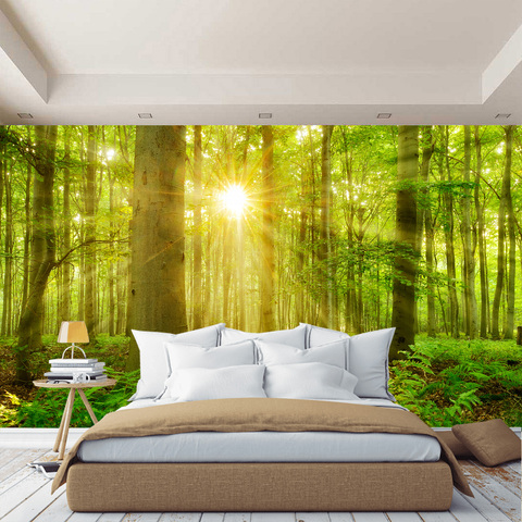 Papel pintado con foto 3D de bosque en la pared con árboles, hierba, sol, papel tapiz para hall, cocina, dormitorio, papel tapiz espacio expandible ► Foto 1/4