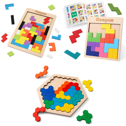 Coogam juego Tangram Puzzle Brain Teasers de madera con 60 desafíos, juguete de construcción 3D ruso forma de madera Puzzles juguetes regalo ► Foto 1/6