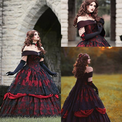 Gótico Belle Rojo Negro encaje boda Vestido Encaje Vintage-corsé sin tirantes con capas de belleza de hombro de talla grande vestido de novia ► Foto 1/6