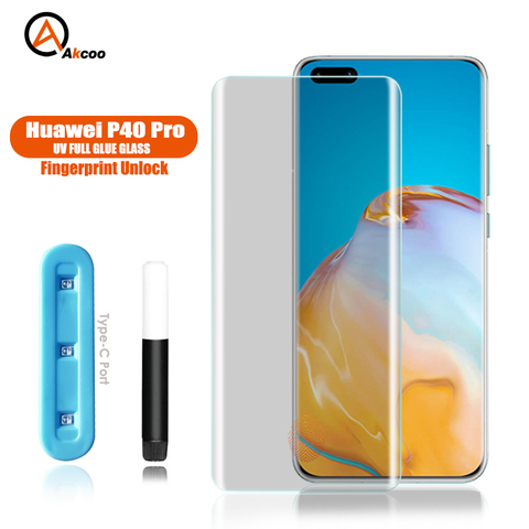 Akcoo UV líquido, pegamento completo de cristal templado para Huawei P40 Pro, Protector de pantalla con desbloqueo de huella dactilar, funda amigable con película P40 Pro ► Foto 1/6