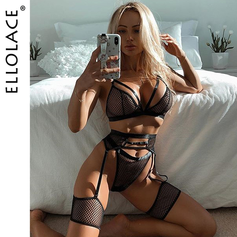 Ellolace-Conjunto de lencería de malla de encaje transparente, conjunto de 3 piezas, lencería Sexy erótica ► Foto 1/6