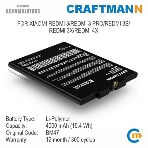 Batería de 4000mAh para Xiaomi REDMI 3/REDMI 3 PRO/REDMI 3S/REDMI 3X/REDMI 4X (BM47) ► Foto 1/5