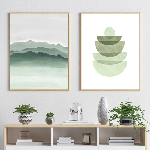 Póster nórdico con formas de acuarela verde, impresiones de arte geométrico abstracto, lienzo verde menta, cuadros de pared, decoración para sala de estar ► Foto 1/6