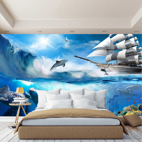 Mural de pared 3D, mundo del Agua, Mar, mar, barco, Delfín, papel pintado con corales para sala, cocina, dormitorios, mural de pared para niños ► Foto 1/4