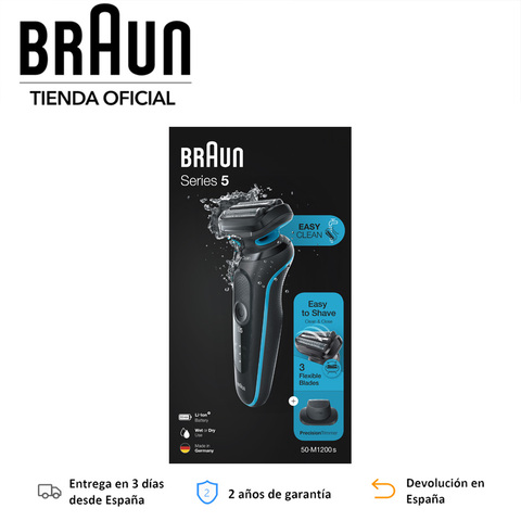 Braun Series 5 50-M1200s, Afeitadora eléctrica para hombre, Inalámbrica, Wet & Dry, Sistema EasyClean, Autonomía hasta 50 min ► Foto 1/6