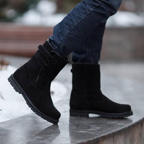 Botas de invierno de ante negro natural para hombre con Velcro, suela de goma, cuero genuino, piel, botas de invierno para hombre ► Foto 1/6