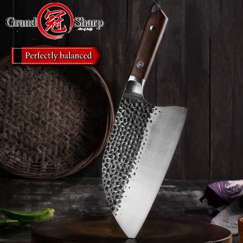 Cuchillo de cocina chino forjado a mano, hoja de acero inoxidable 5cr15mov, Chef, fregona de cuero, para acampar, barbacoa, picar ► Foto 1/6