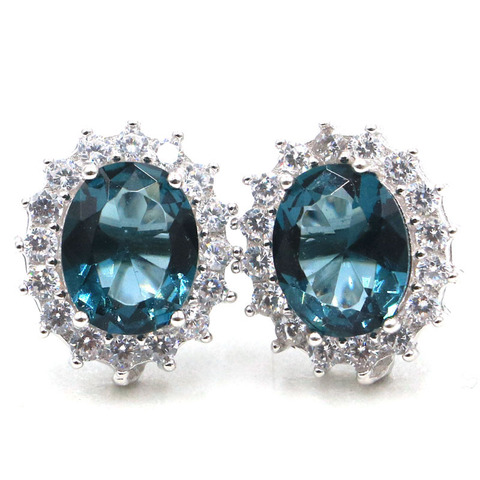 Pendientes de plata para mujer, 15x13mm, elegantes, con Topacio Azul de Londres, Circonia cúbica Blanca, para boda ► Foto 1/3