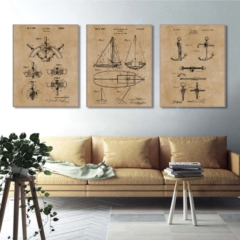 Póster Vintage de patente de velero, regalos de Sailor, ancla de yate, rueda de barco, velero, Blueprint, cuadro sobre lienzo para pared ► Foto 1/6