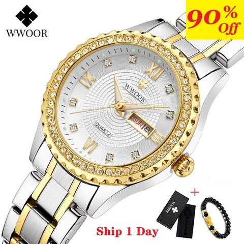 WWOOR oro nuevo mujeres relojes de pulsera impermeable Reloj de acero inoxidable Casual vestido de Mujer Reloj de cuarzo, Reloj de Mujer ► Foto 1/6