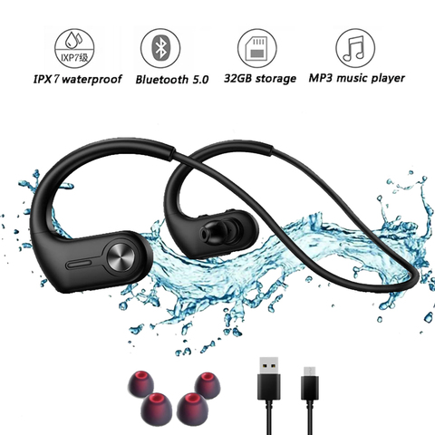 Auriculares deportivos con reproductor MP3, dispositivo de audio inalámbrico con memoria integrada, 32 GB, Bluetooth, resistente al agua, con cancelación de ruido y estéreo HiFi ► Foto 1/6