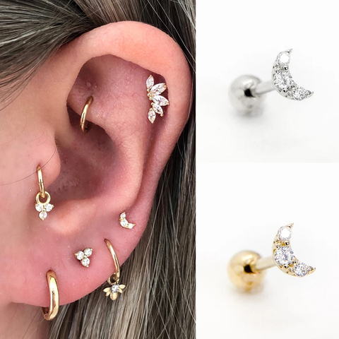 Pendientes Piercing Plata de primera ley para mujer, aretes, Plata esterlina 925, purpurina, estilo minimalista, con broche de Luna, aniversario, boda ► Foto 1/6