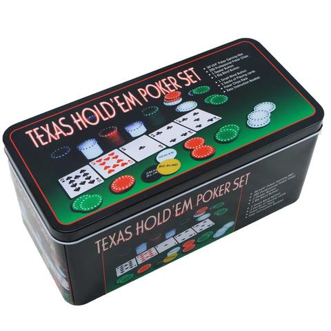 Set de póker caja de metal, 200 fichas de póker, 2 cubiertas, botón de repartidor, ciega pequeña, gran ciega, tapete de juego ► Foto 1/5