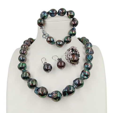 Ensemble de bijoux baroque de grande qualité, 100%, collier et BRACELET de perles noires, anneau et boucle d'oreille, L 20-32mm ► Photo 1/6