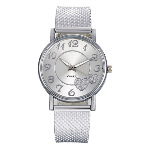 Livraison directe femmes argent et or maille amour coeur cadran montres mode en acier montres à Quartz pour saint valentin cadeau horloge ► Photo 1/4