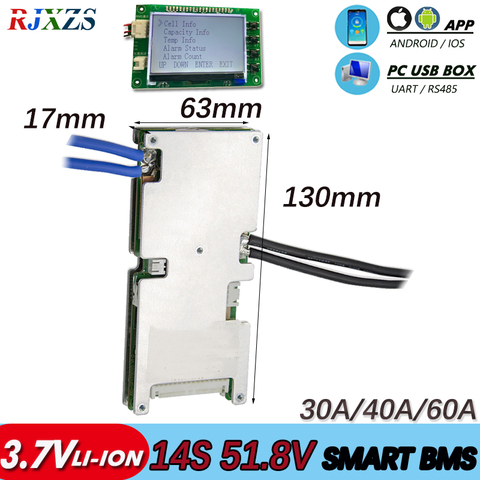 BMS 14S 30A/40A/60A, intelligent, actif, Ion lithium, 48V, nouveau, avec application Android, Bluetooth, moniteur logiciel UART externe ► Photo 1/5