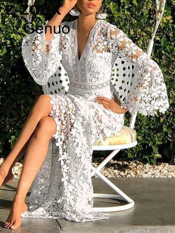 Femmes robes dentelle robe Flare manches col en v évider à manches longues blanc grande taille Sexy longues robes soirée ► Photo 1/6