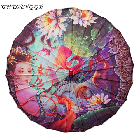 Parapluie pour femmes Style chinois, accessoire décoratif en bois pour danse en soie japonaise, Lotus huile, papier ► Photo 1/6