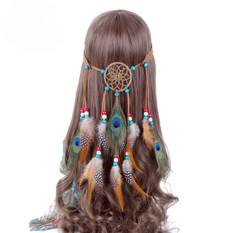 Haimeikang Bohème Hippie Bandeau Dream Catcher Plume Coiffe De Mode Indien Plume de Paon Bandeaux Cheveux Accessoires ► Photo 1/6